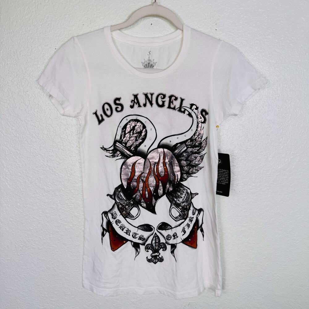 Y2K Los Angeles Shirt Womens Small Swarovski Crystal Tee Grunge Key Closet NEW